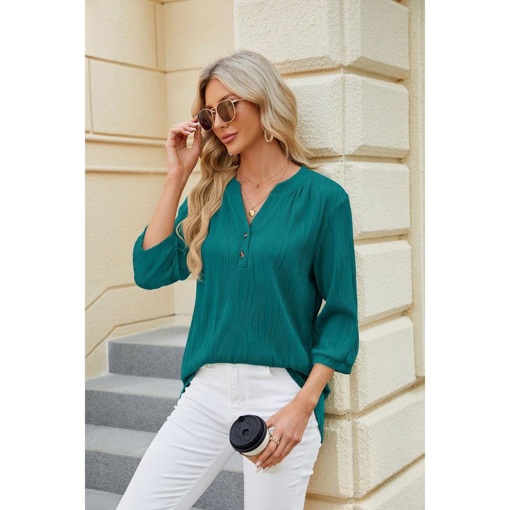 Spring Summer New Women's Solid Color V-Neck Loose Buttoned Half Sleeve T-Shirt Top Leisure Trade Europe America