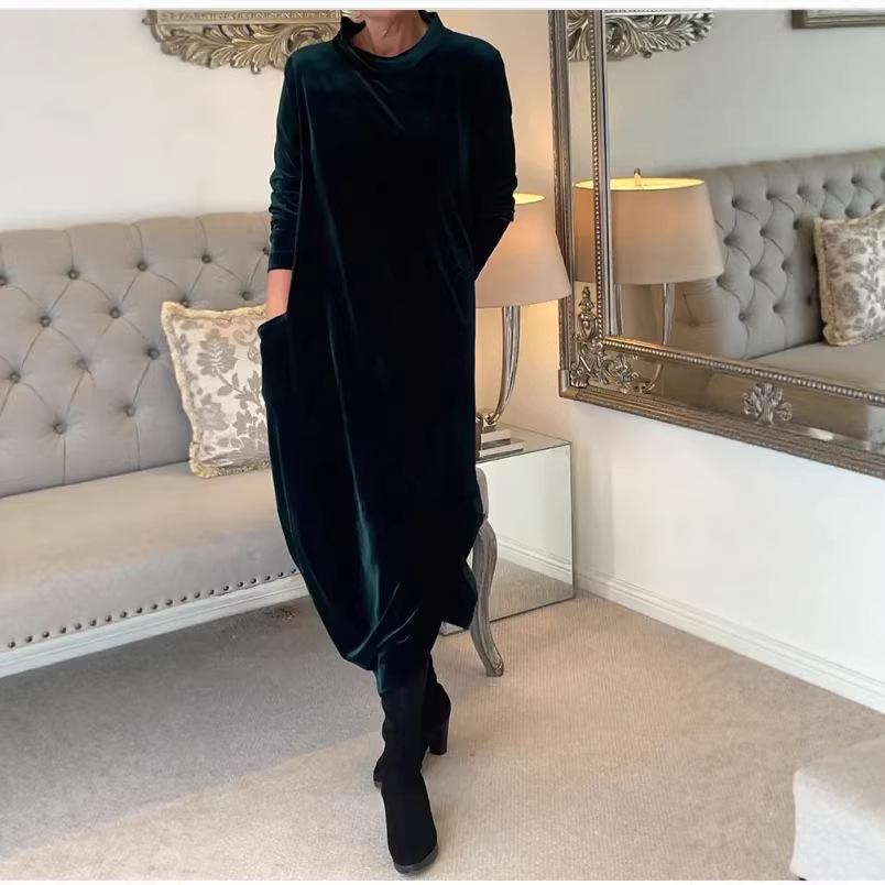 Spring 2026 European & American Slimming Gold Velvet Round Neck Dress