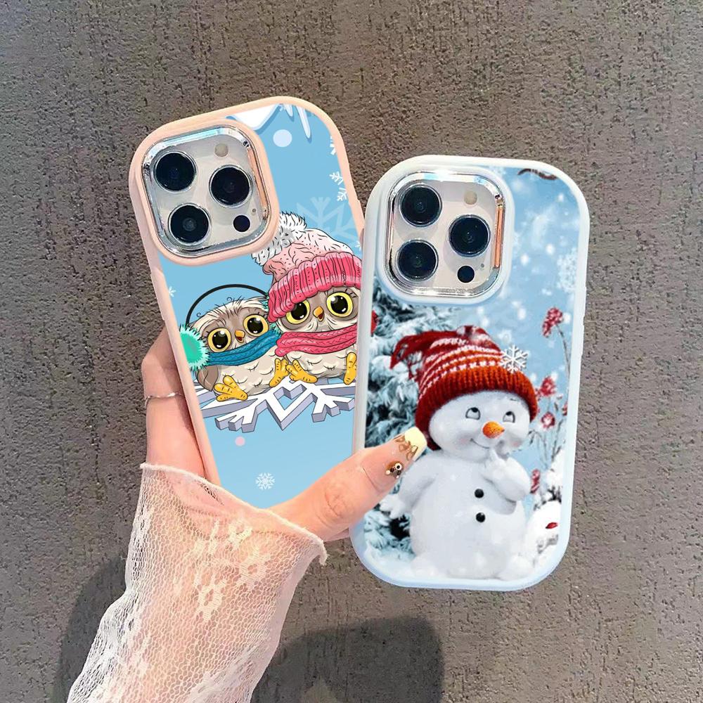 N110 Happy New Year Merry Christmas snowman Soft Phone Cases for iPhone 16Pro Max Xiaomi 11 Lite 5G NE Redmi Plating Frame Camera Protector Back Cover