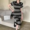 Summer 2025 Knitted Striped Polo Dress: Slim Waist, Hip-Hugging, Mid-Length Style for Women