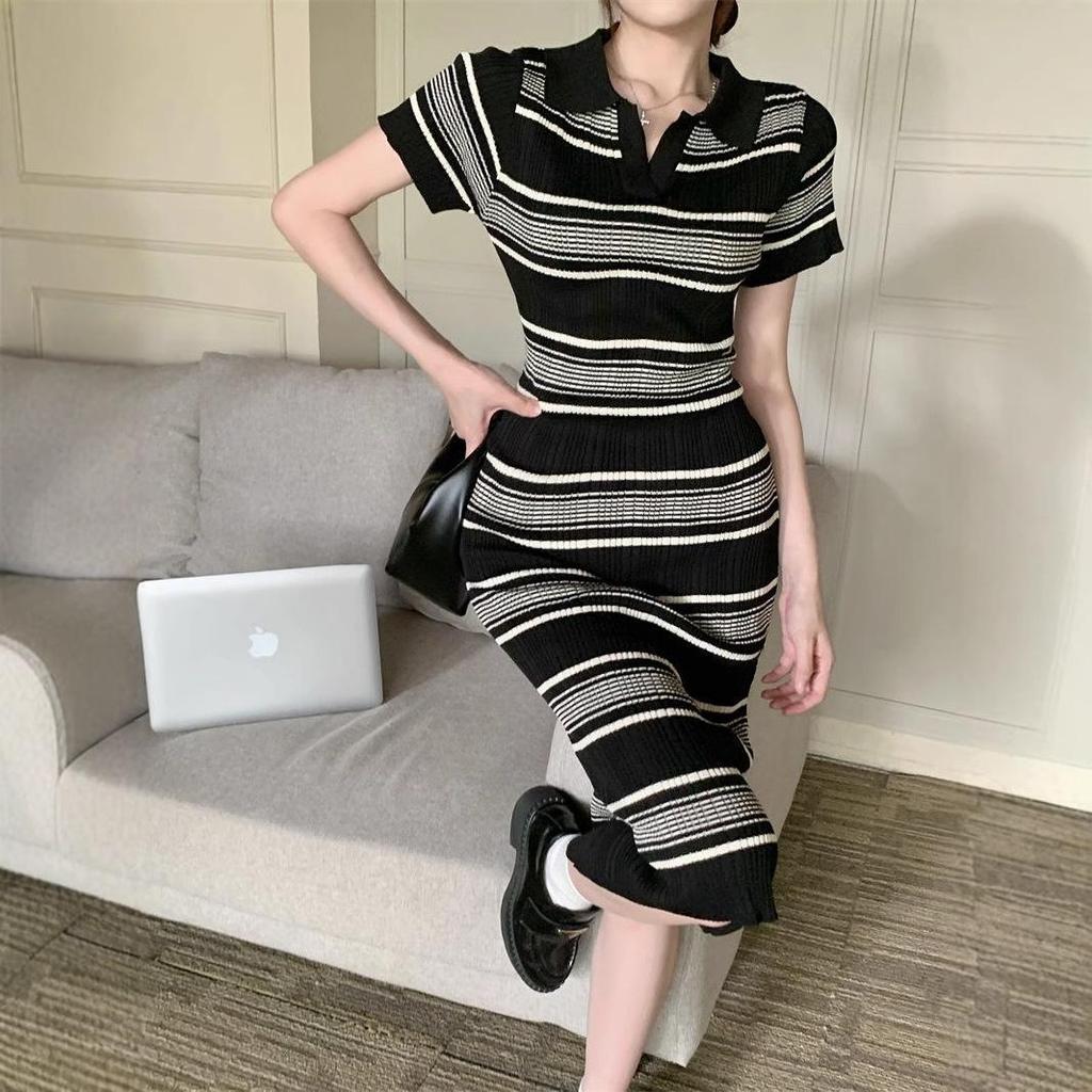 Summer 2025 Knitted Striped Polo Dress: Slim Waist, Hip-Hugging, Mid-Length Style for Women