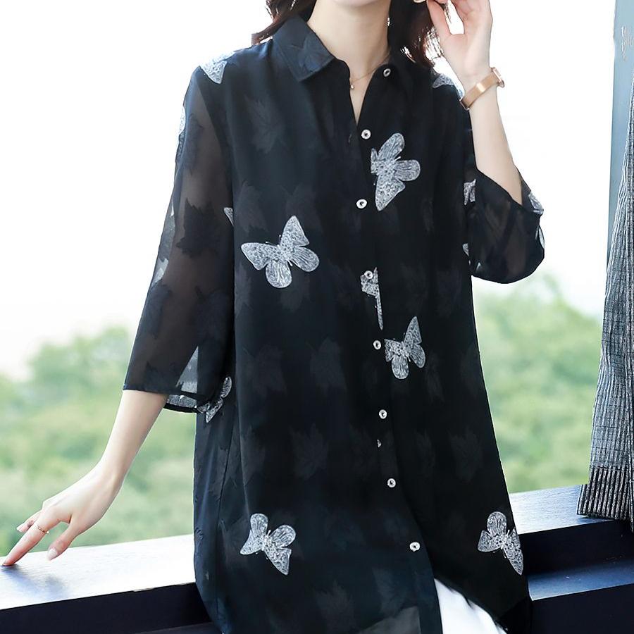 Longshirt Damen Schmetterling Print Chiffon Top Übergröße Lockeres T-Shirt Freizeithemd Sommer Sonnenschutz Kleidung