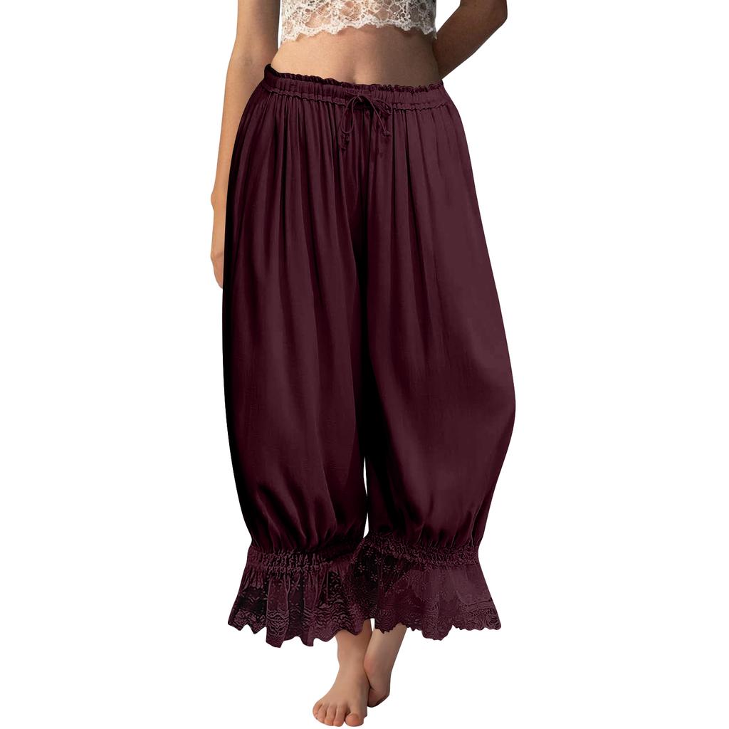 Women's Lace-Trimmed Long-Length Ruffled Vintage Wide-Leg Pants Summer Beach Travel Vacation Pants