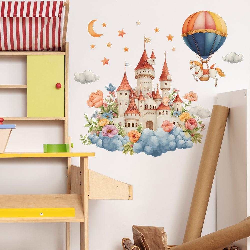 Self-adhesive Cartoon Castle Flowers Hot Air Balloon Wall Stickers for Kids Room Bedroom Home Decor