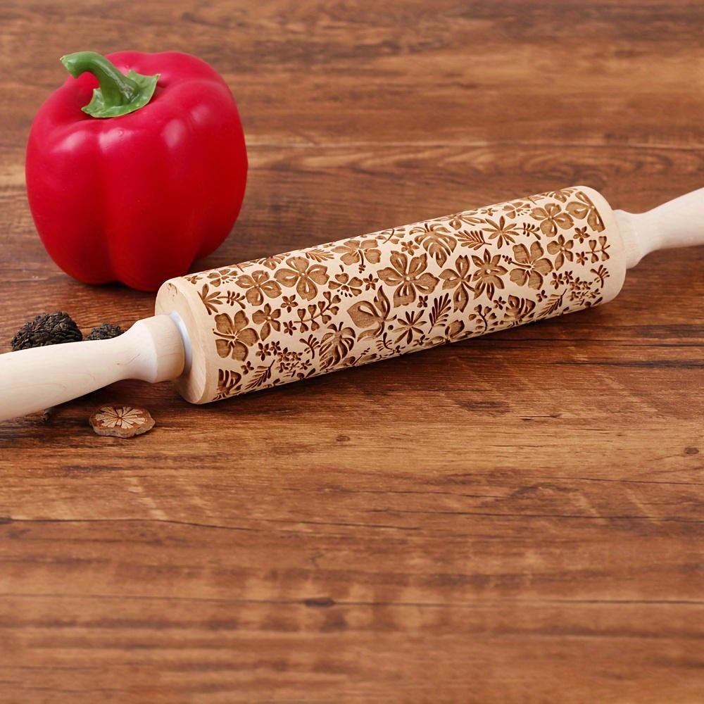 1pc, Flowers Leaves Rolling Pin, Wooden Embossing Dough Roller, for Pizza, Pie, Cookie, and More, Kitchen Utensils,Kitchen Gadgets,Kitchen Accessories