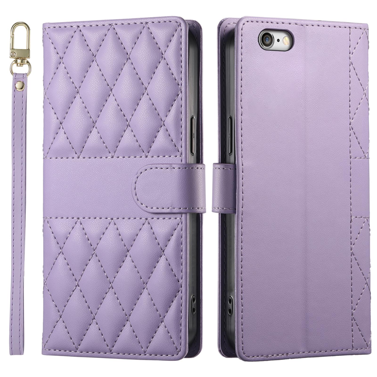 

For iPhone 16e Case Rhombus Stitching Wallet Stand Leather Phone Cover with Long/Short Strap Purple