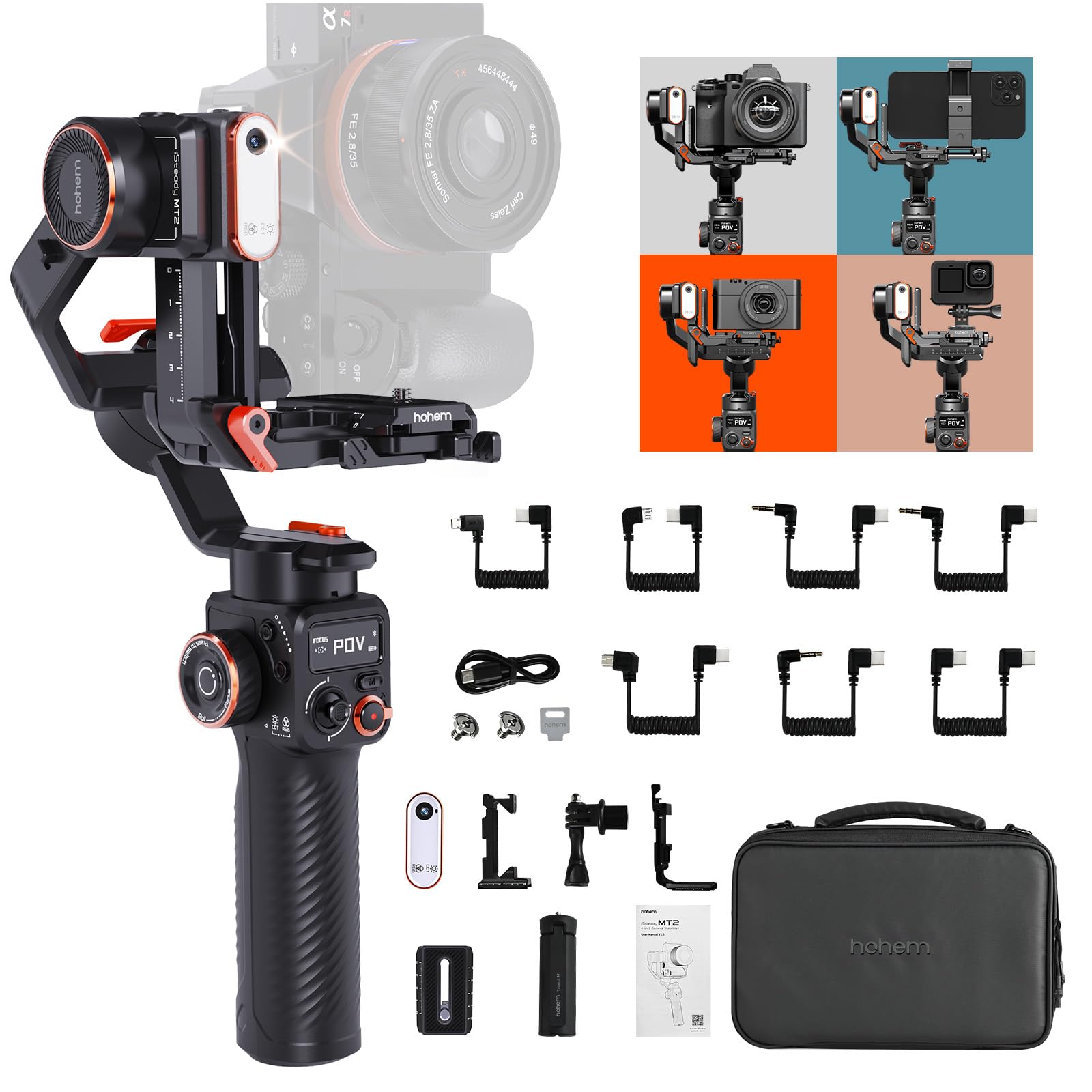 

hohem MT2 Kit Camera Gimbal 3-Axis Image Stabilization Compatible with MirrorlessPocket CameraAction CameraSmartphone AI Tracker with CCTRGB Fill