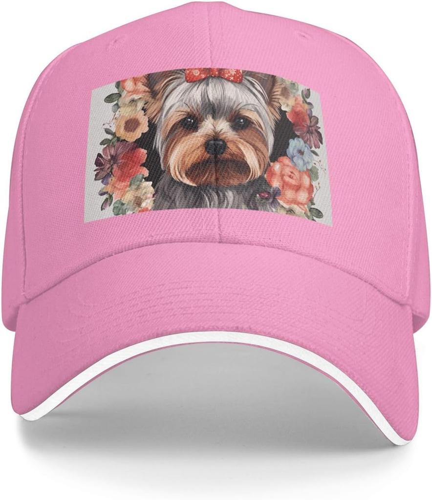 Yorkie Floral Print Baseball Cap Polyester Adjustable Casual Golf Dad Hat for Unisex