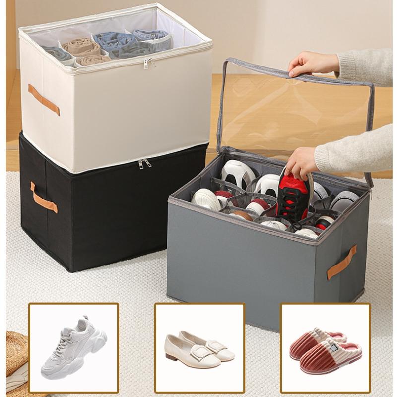 Foldable Fabric Shoe Storage Organizer 12 Grids Clear Lid Zipper Closure Easy Carry Handle for Space Saving Organization