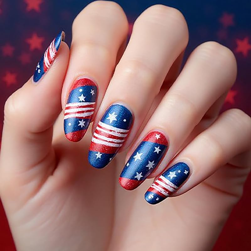 24Pcs July 4th Independence Day Almond Tip Press on Nails Medium Flower Pattern Design Patriotic False Nail Full Cover Glossy Press Ons Acrylic Independence Day 10