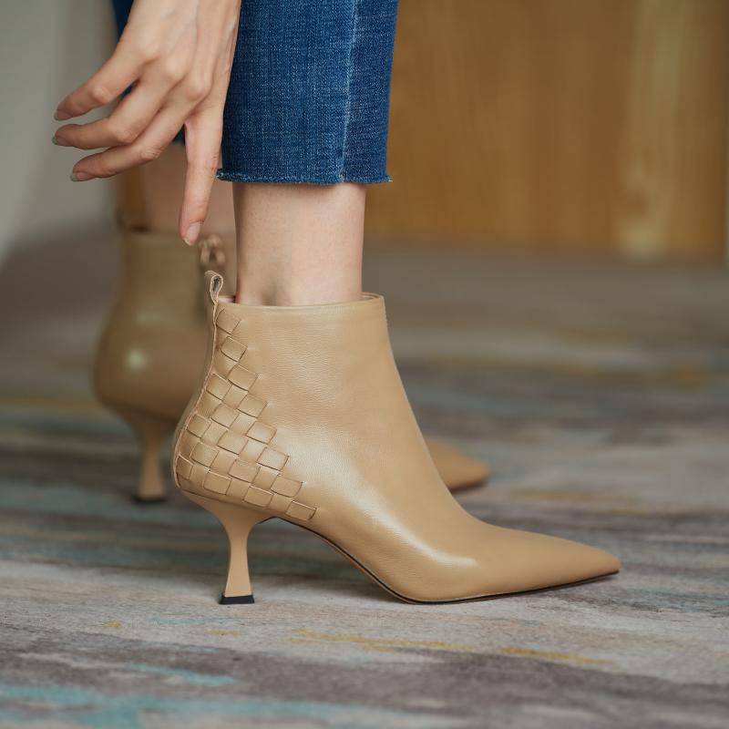 

Fashion 2024 Sheepskin Ankle Boots High Heels Women Boots Thin Heel Short Boots Genuine Leather Winter Modern Leather Shoes Ladies Shoes 40 коричневый