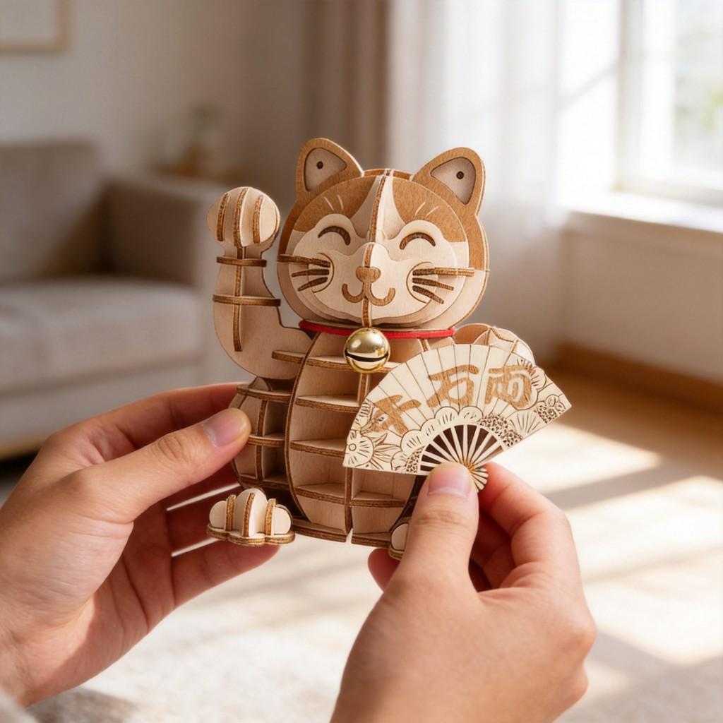 Wooden Lucky Cat 3d Puzzle Model For New Year Decor And Gift For Kids And Adults