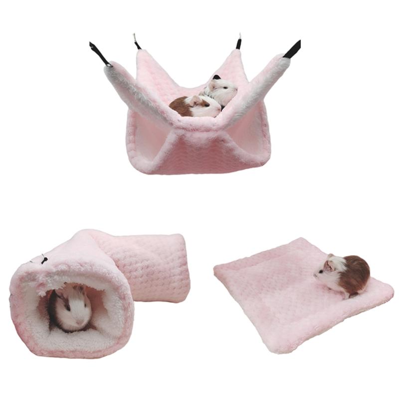 Hamster Hanging Hammock Winter Warm Nest Plush Tunnel Hideout Snuggle Hut to Sleep for Play & Rest Soft Cushion розовый
