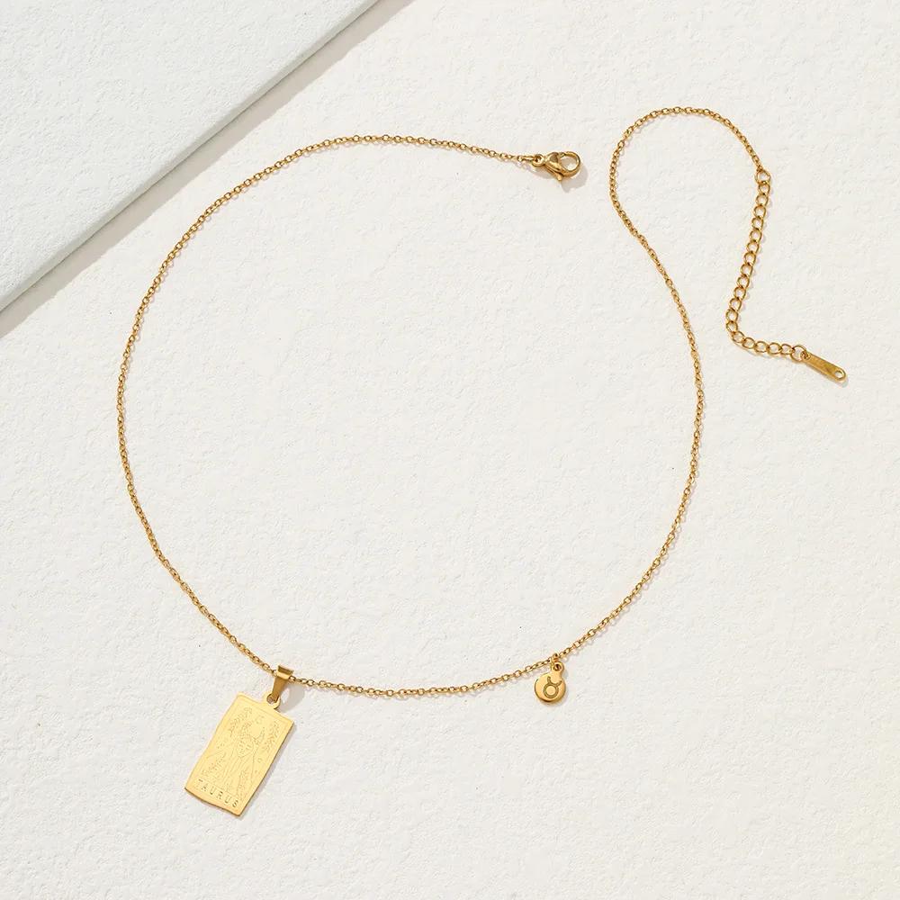 Vintage Geometric 12 Constellations Square Pendant Necklace Fashion Gold Color Metal Collar Charm Necklace Jewelry 2024 New