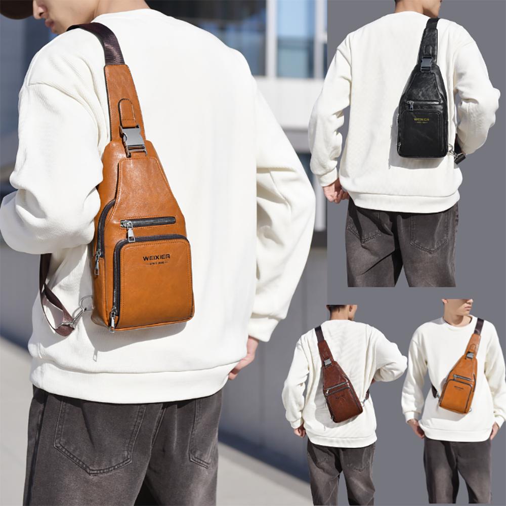 WEIXIER Bolso Bandolera de Cuero para Hombre Crossbody Hombro Pecho Impermeable Casual Mochila de Día para Viajes Deportes al Aire Libre