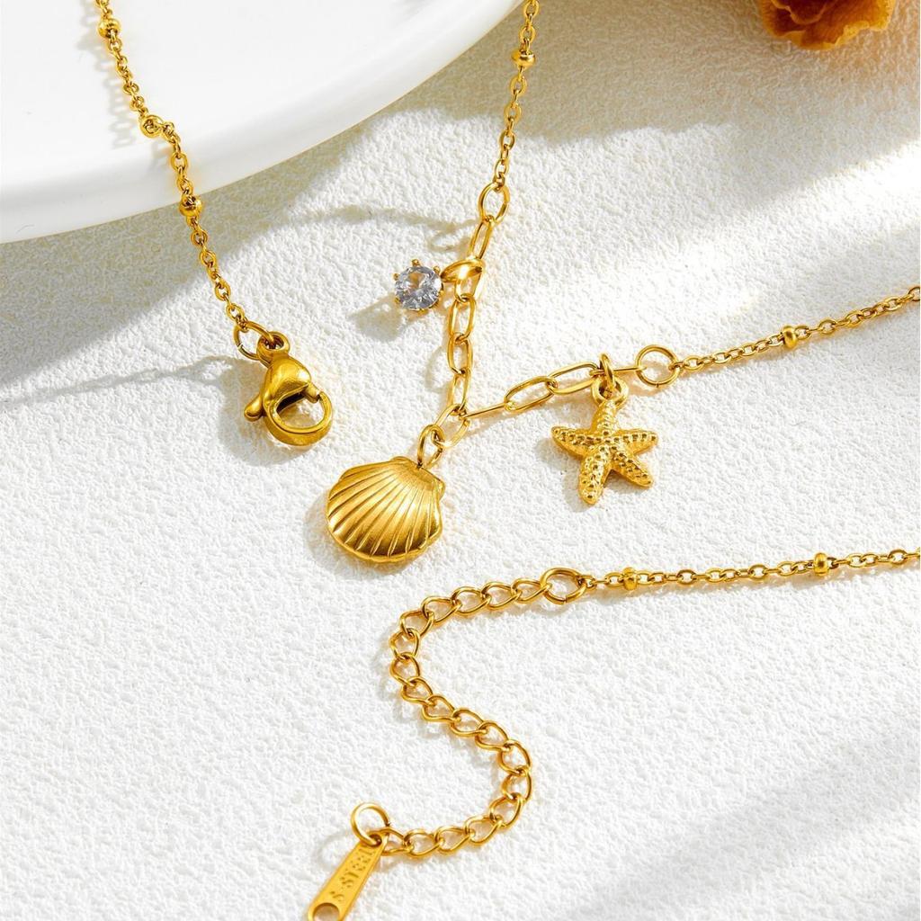 Wenjian Maldives Style Exquisite Shell, Claw Diamond, Starfish Short Chain Clavicle Necklace Titanium Steel Gold-Plated Jewelry
