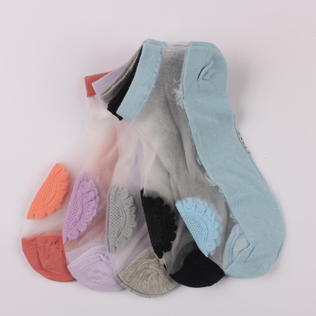 5 Pairs/Lot Summer Short Sock Ultra-Thin Flower Glass Silk Fashion Ladies Socks Lace Boat Socks Low Transparent Invisible Socks