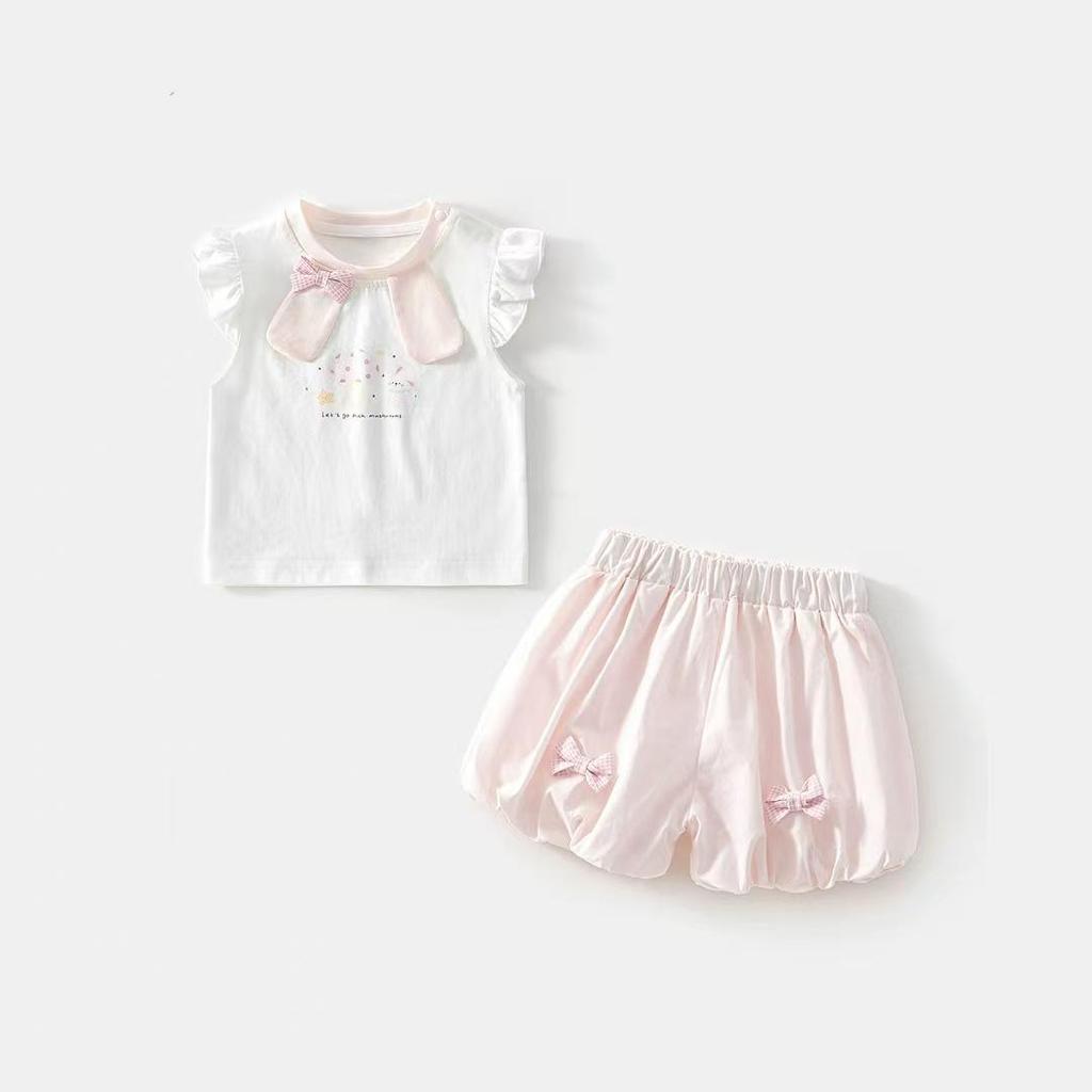 New Arrival: Girls' Cute Rabbit Two-Piece Set - Short Sleeve & Shorts, Breathable Cotton Gauze Summer Outfit