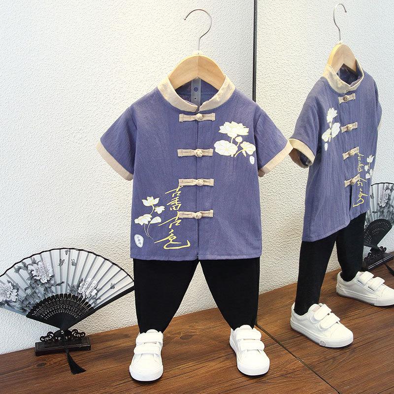 Completo Estivo da Ragazzo a Maniche Corte Stile Cinese per Bambini Hanbok Bello Completo Tang Cotone Lino Sezione Sottile di Abbigliamento Antico