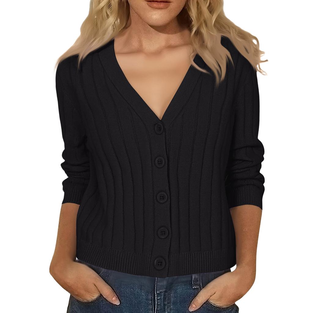 Women's Fashion Long-Sleeve V-Neck Lightweight Knit Sweater Solid Color Outerwear Top
