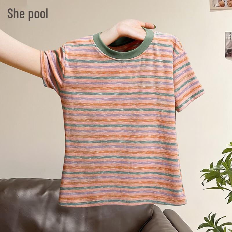 

Women s Sweet Striped Round Neck Crop Top M