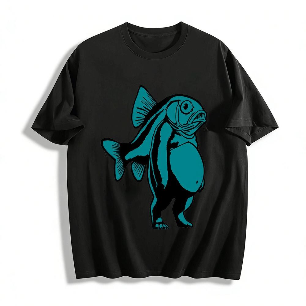 Weird Fish-Human Hybrid Print Casual Short Sleeve T-Shirt Pure cotton T-shirt XXS