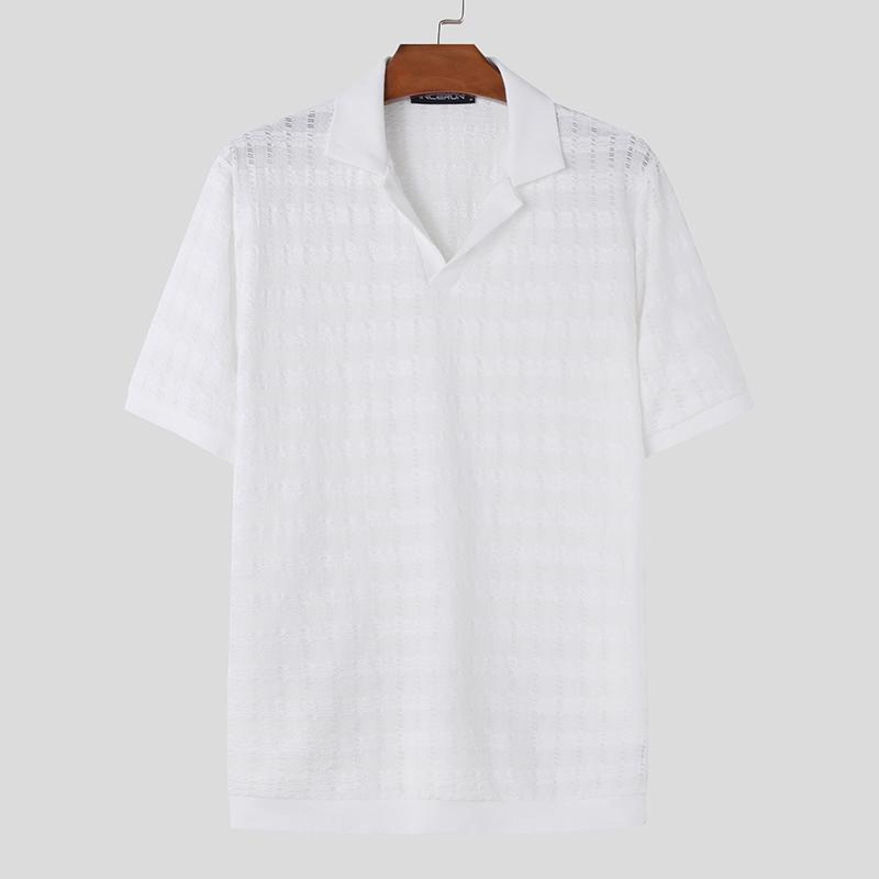 

INCERUN Мужская футболка с коротким рукавом и лацканами, вязаные крючком прозрачные топы 3XL белый