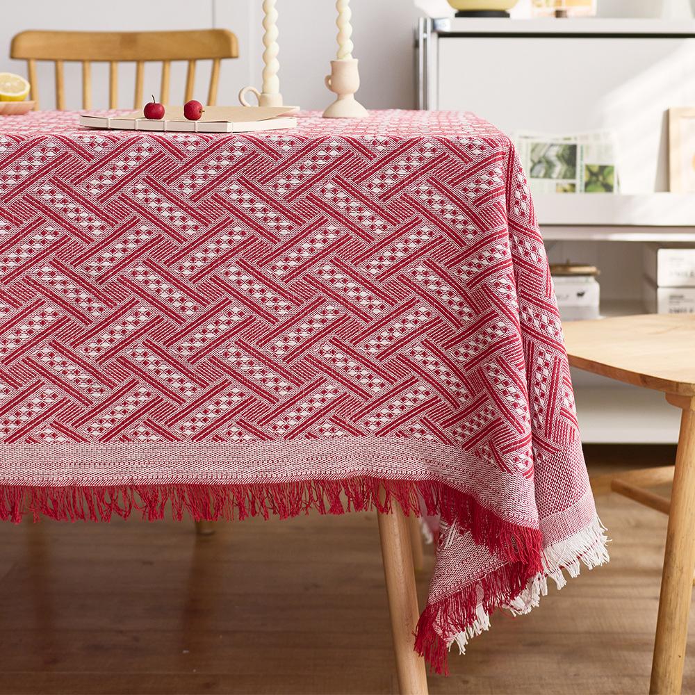 Französische Creme Baumwolle Leinen Tischdecke Waffelstruktur Rechteckig Esstischdecke Quastenrand Waschbar Bauernhaus Küche Couchtisch Abdeckung Dekoration