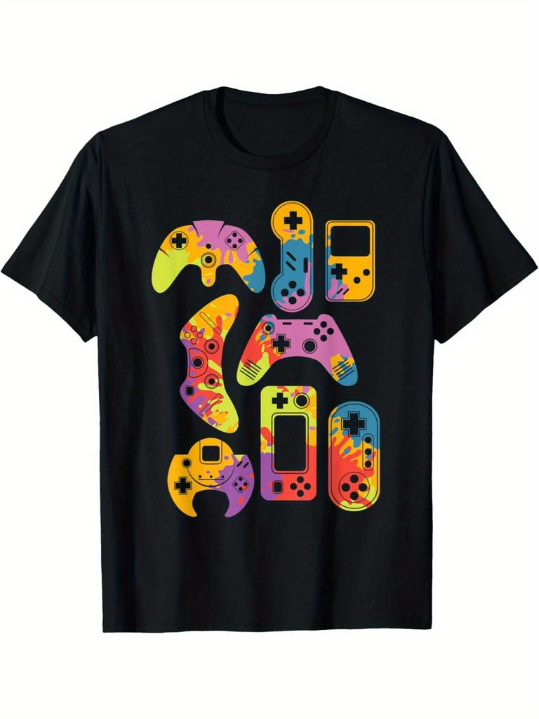Retro Video Game Controller Print Graphic Tee Men Cotton Casual Short Sleeve Gaming T-Shirt Daily Wear
