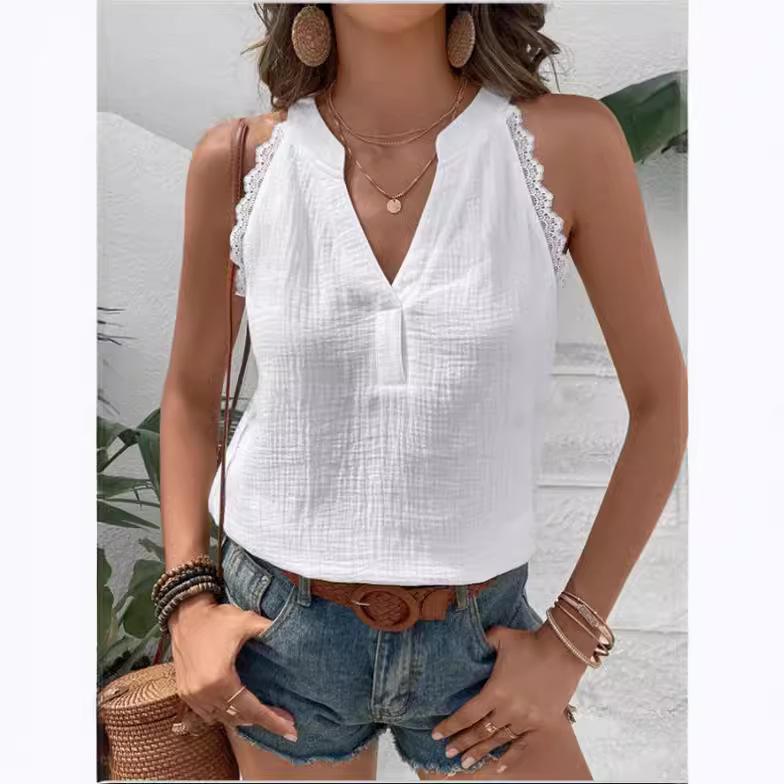 Summer Women's Vest White V-neck Off-shoulder Top Black Simple Lace Casual Basic Sleeveless Shirt Tank for Female