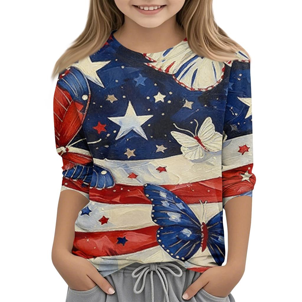 T-shirt décontracté pour enfant avec imprimé Jour de l'Indépendance, col rond, manches trois quarts