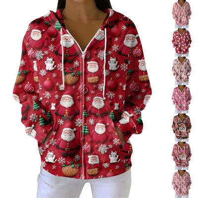 Women's Casual Fashion Long-Sleeved Zip-Up Christmas Print Knitted Hoodie