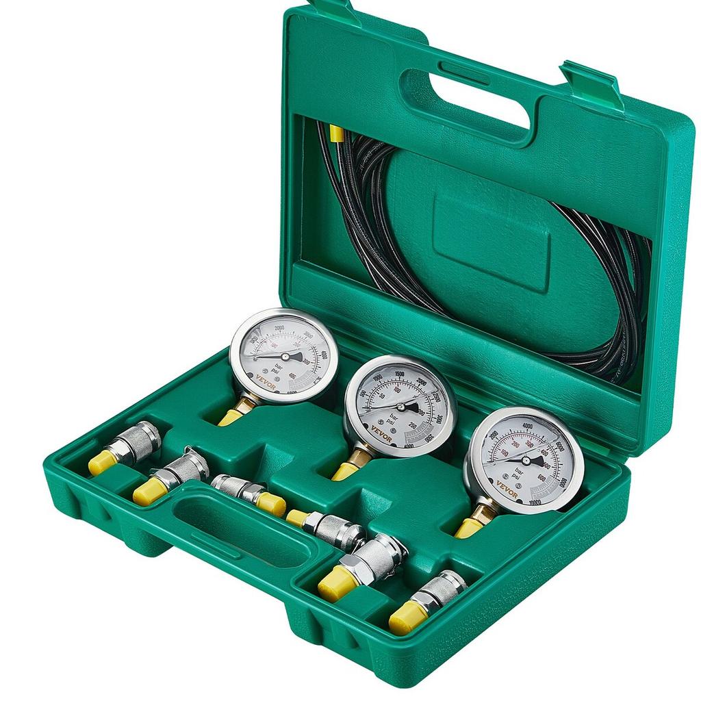 Hydraulic Pressure Test Kit, 250/400/600bar, 3 Gauges 6 Test Couplings 3 Test Hoses, Excavator Hydraulic Test Gauge Set with Portable Carrying Case