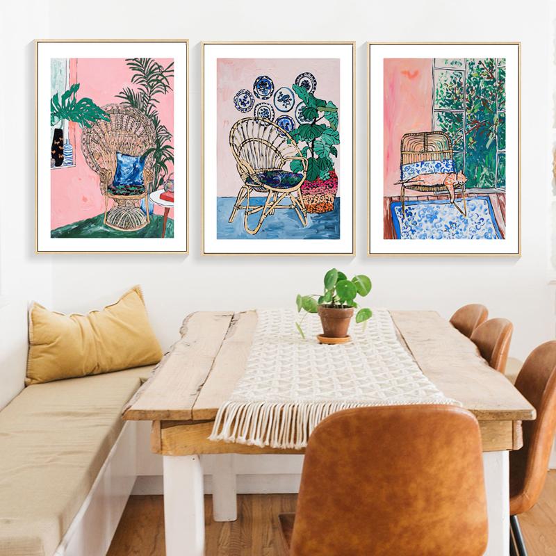 Nostalgic Retro Oil Painting Sofa Cat Plant Poster Painting Core Printing Wall Art Home Decoration Canvas Painting Frameless