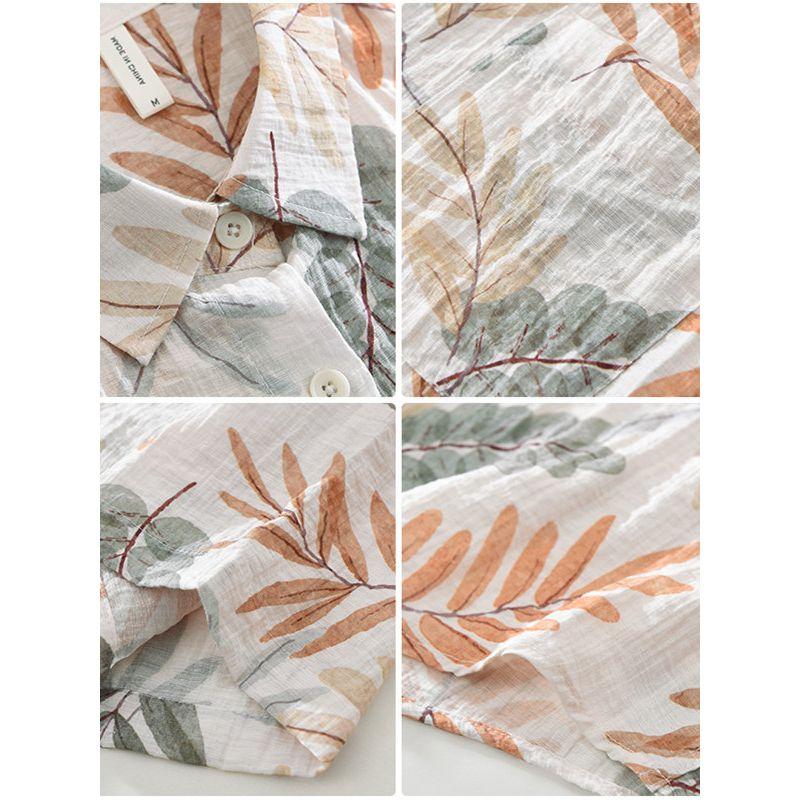 Summer Sun Protection Ice Silk Linen Short-Sleeved Shirt Men's Casual Hawaiian Print Cotton and Linen Shirt Quick-Drying and Lightweight