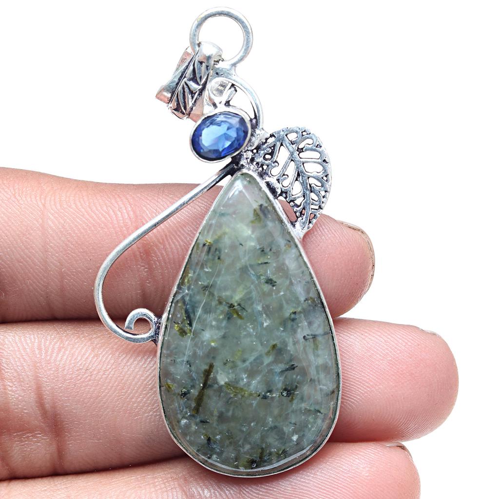 Pendant Prehnite Marlene  Swiss Blue Gemstone Silver Jewelry 2.5"
