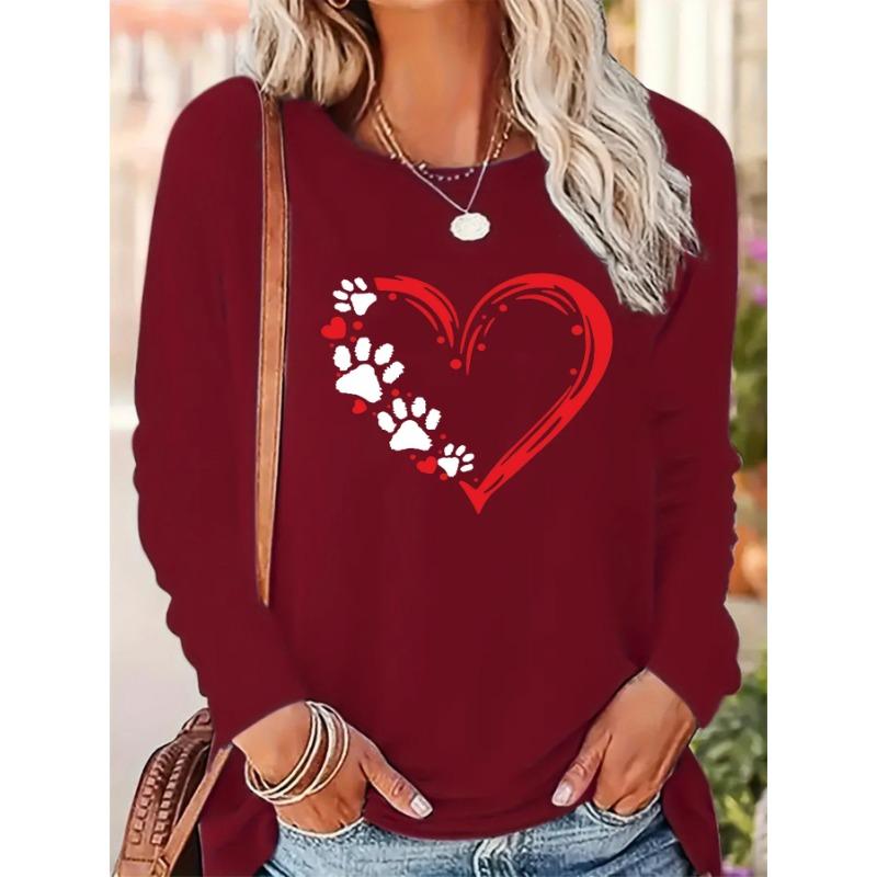Spring and Autumn Round Neck Heart and Paw Print 3D Printed Top Fashionable Casual Long Sleeved Women's T-shirts