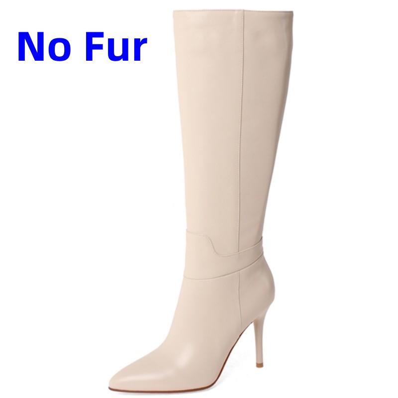 Genuine Leather Women's Knee High Boots Black Pointed Toe Thin Heel Zipper Chelsea Winter Shoes Ladies Footwear Large Size 43