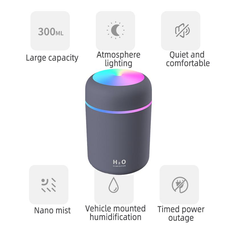 1PC 300ML Air Humidifier Colorful Atmosphere Light Mute Humidification Mini Creative Colorful Cup Desktop Home Car Humidifier