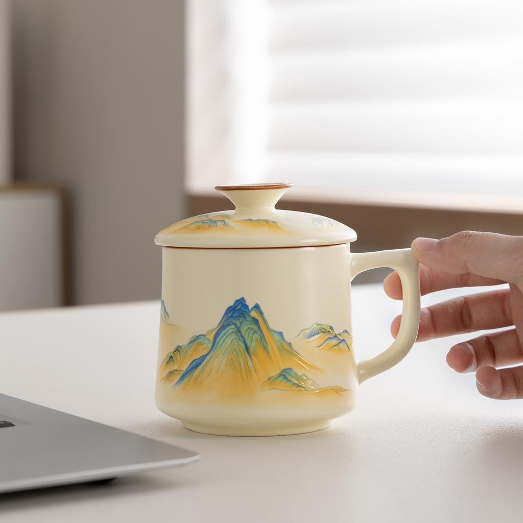 New Creative High-end Guochao Qianli Jiangshan Ru Kiln Office Cup Set, Office Tea Cup for Customers