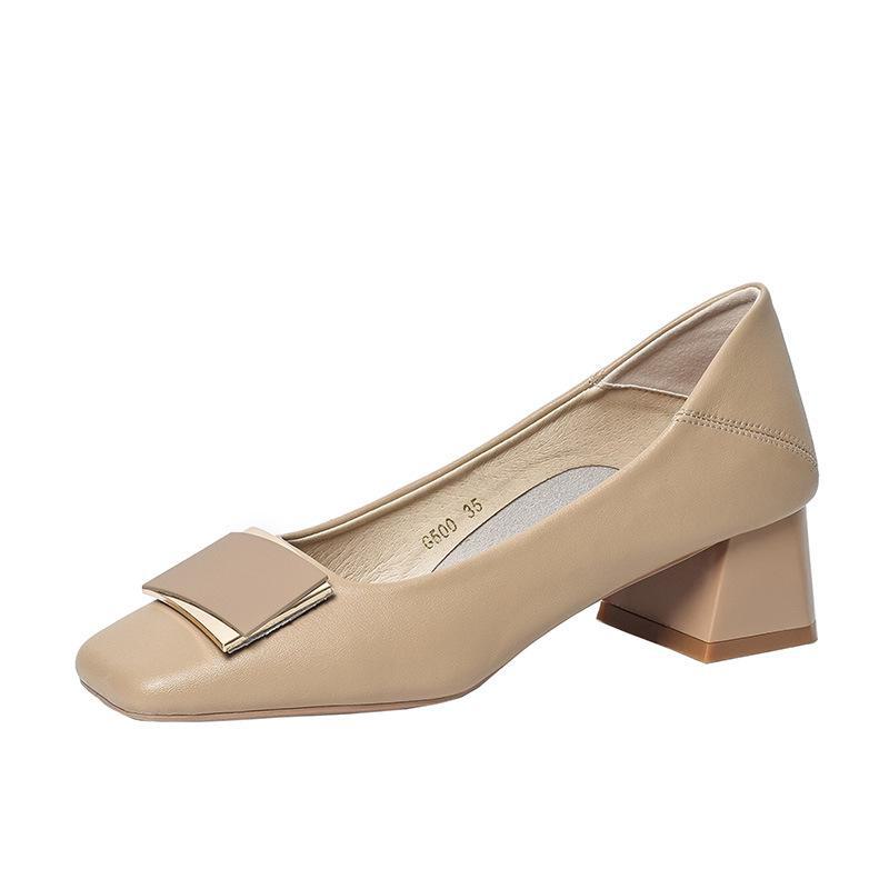 Damenschuhe aus echtem Leder im Sommer 2024 mit klobigem Absatz und quadratischer Zehenpartie – Oma-Pumps im französischen Stil mit mittlerem Absatz