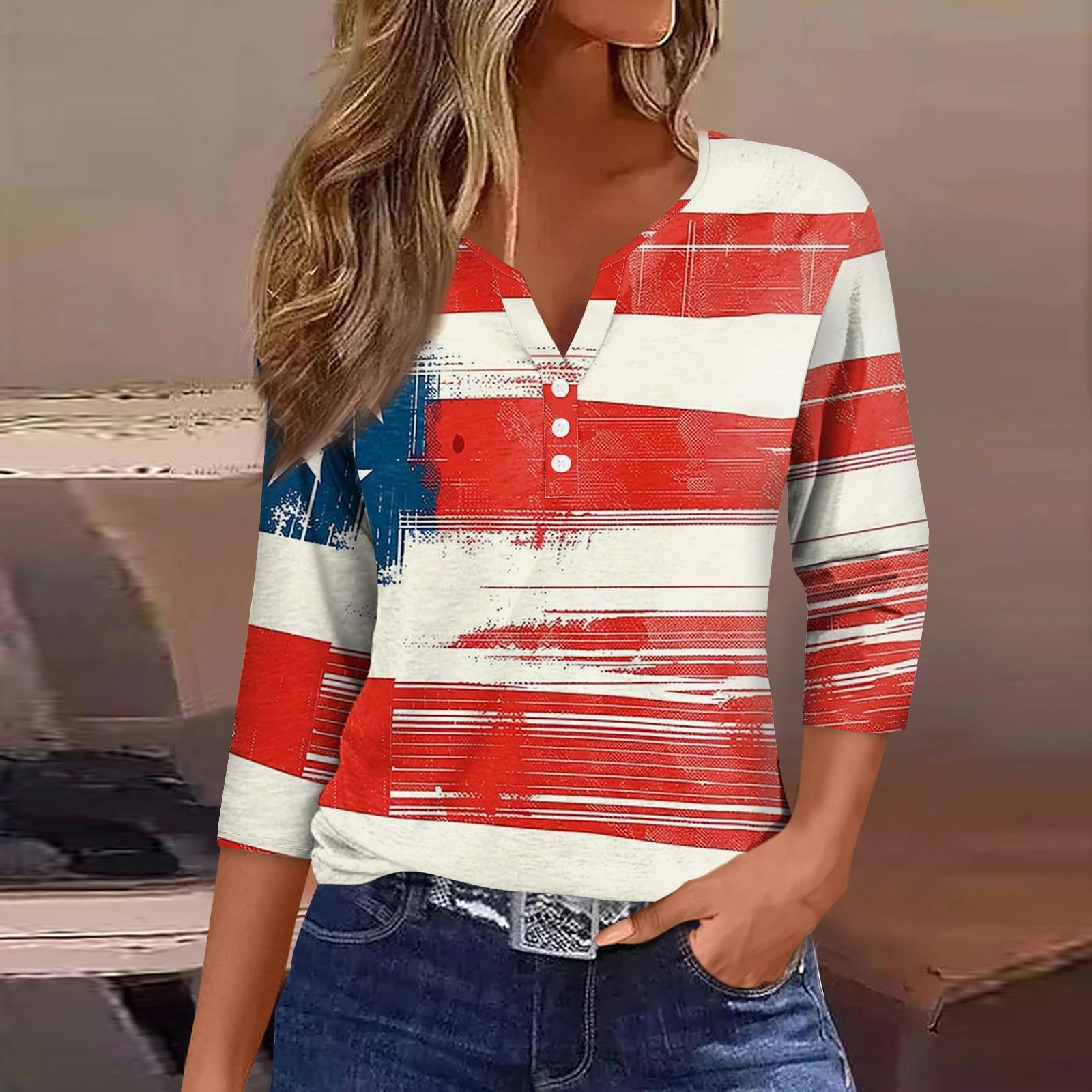 Women s Neck Independence Day Printed Striped Short Sleeve T-Shirt Top XXXL