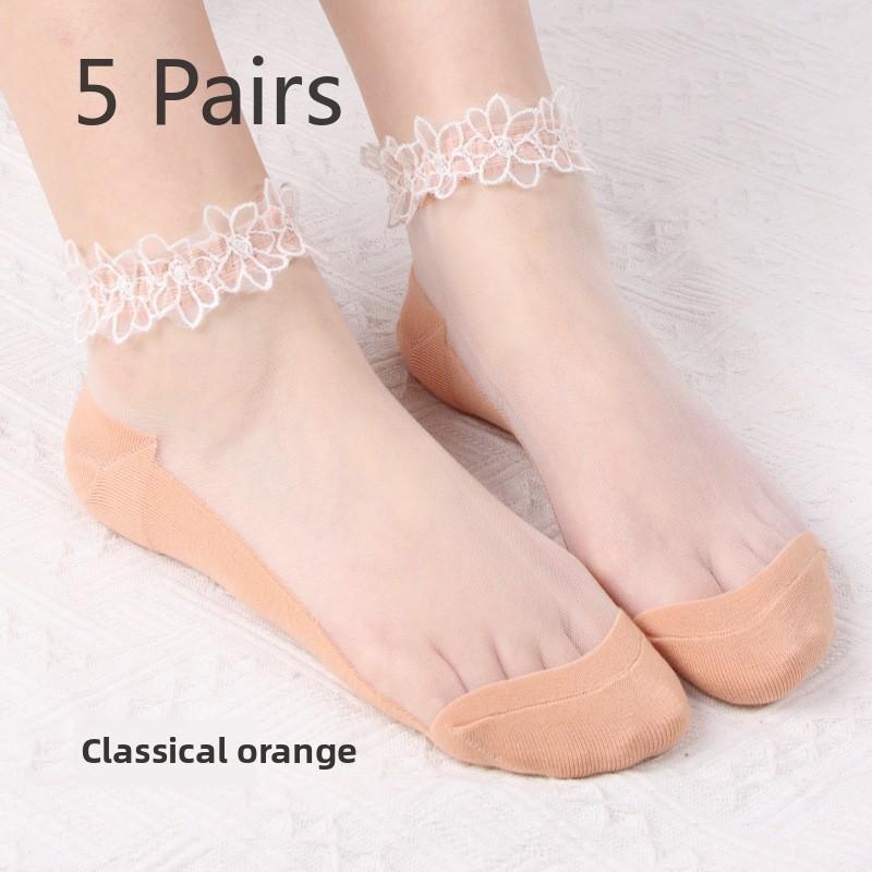5 Pairs Socks Women Spring Summer Thin Transparent Lace Lace Socks Short Crystal Glass Stockings