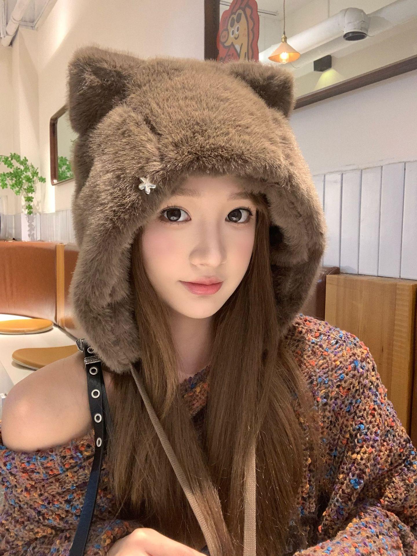 

Осенне-зимняя утепленная защитная шапка для защиты ушей от холода и холода, закрывающая лицо, маленькая шапка Lei Feng с милыми кошачьими ушками и плюшевой шапкой для женщин M（56-58cm） темно-коричневого