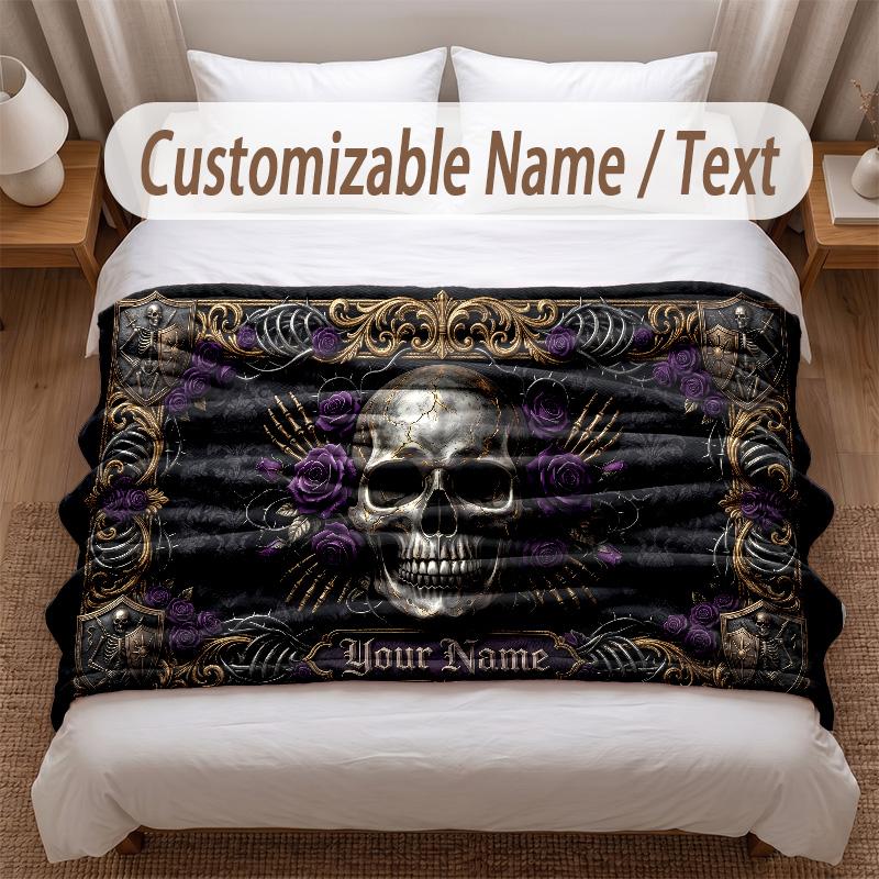 Skull Gothic Theme Soft Blanket Personalized Custom Name Text Print Warm Blanket Home Sofa Bedroom Decor