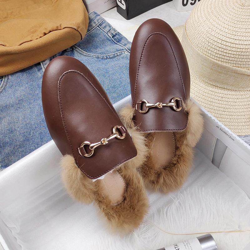 Shoes Winter Warm Fur Women Loafers PU Leather Princess Flats