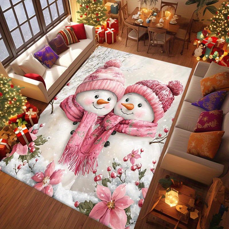 Christmas Snowman Print Area Rug with Pink Scarf Carpet for Living Room Kitchen Bedroom and Home Decor Ideal Gift for Christmas