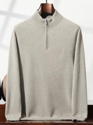 Men's Elegant Half-Zip Cashmere Sweater, Solid Color Stand Collar Knitwear, Business Casual Pullover