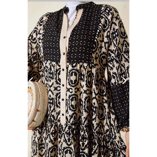 Kadın Siyah Krem Desenli Viskon Tesettür Elbise