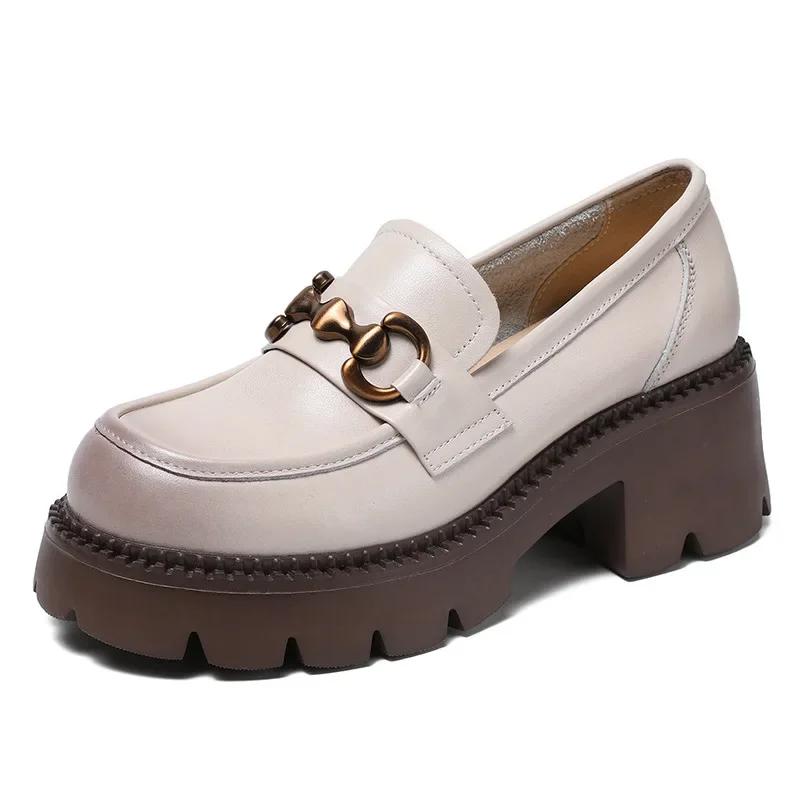 Platform Shoes Spring Summer Genuine Leather Loafers Women'S Metal Buckle Single Shoes Elevated Thick Sole Small Leather Shoes